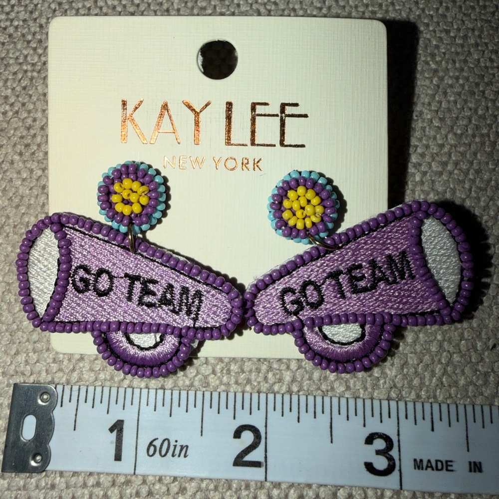 Kay Lee Purple Embroidered 'Go Team' Beaded CheerLeader Megaphone Earrings - Picture 3 of 3